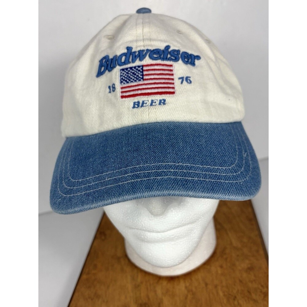 American Eagle Budweiser Beer US Flag Ball Cap Hat Blue & Cream Cotton OS